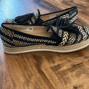 Toms Platform Tassel Espadrille Geometric Woven Black Cream Tan